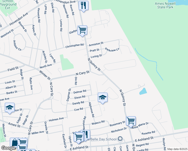 map of restaurants, bars, coffee shops, grocery stores, and more near 55 Fortin Drive in Brockton