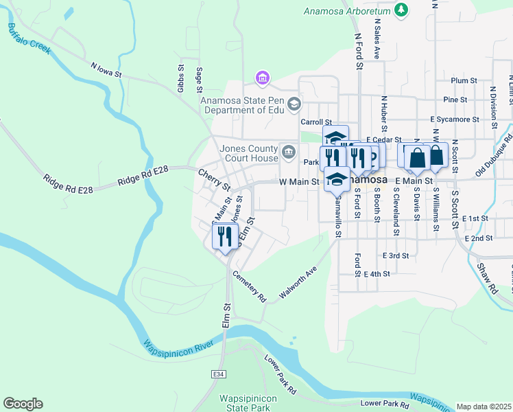 map of restaurants, bars, coffee shops, grocery stores, and more near 607 Crane Street in Anamosa