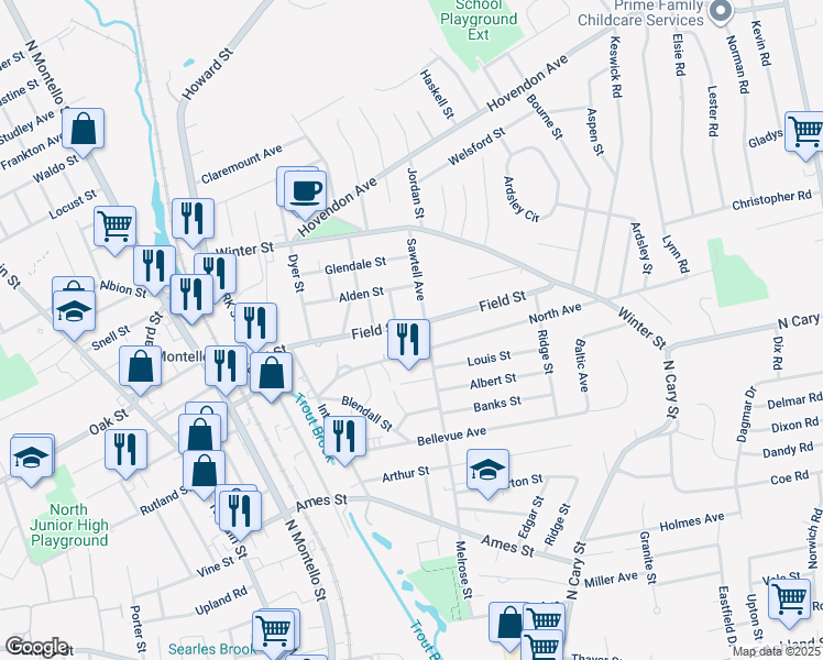 map of restaurants, bars, coffee shops, grocery stores, and more near 60 North Avenue in Brockton