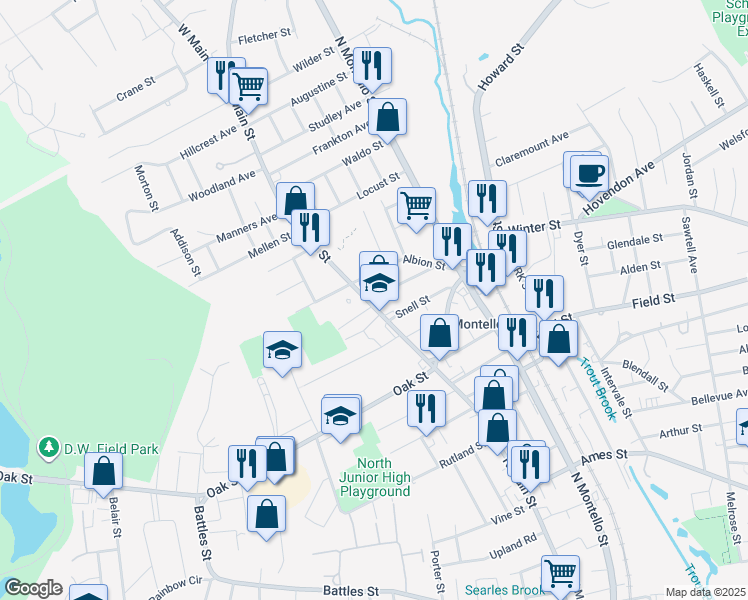 map of restaurants, bars, coffee shops, grocery stores, and more near 906 North Main Street in Brockton