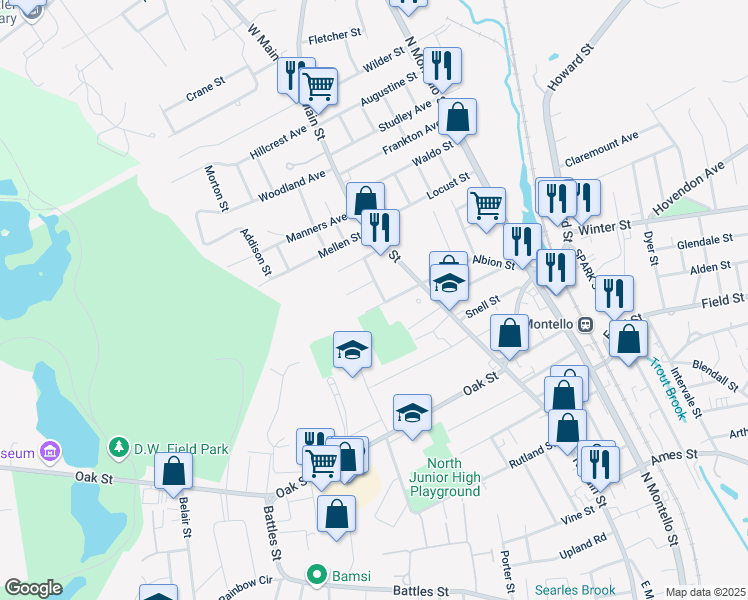 map of restaurants, bars, coffee shops, grocery stores, and more near 55 May Avenue in Brockton