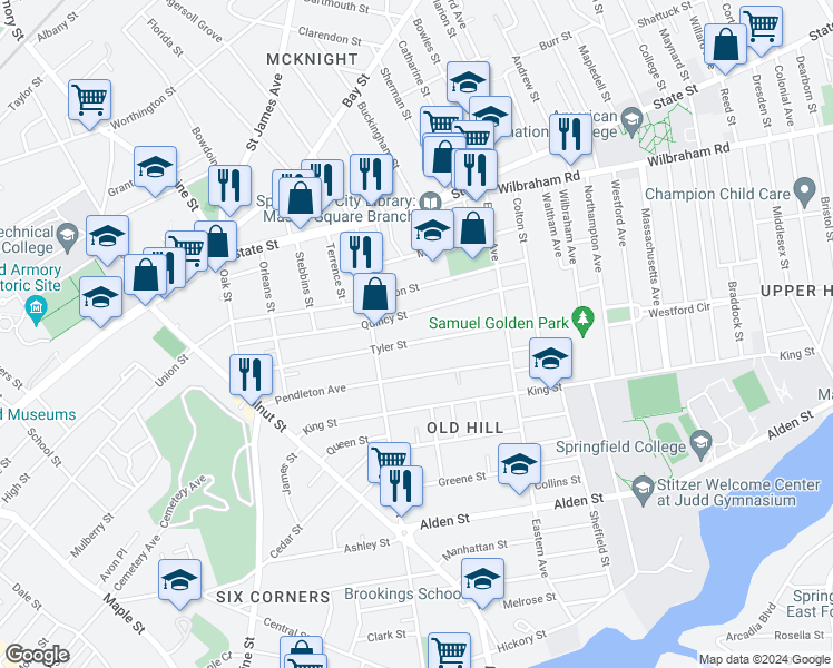 map of restaurants, bars, coffee shops, grocery stores, and more near 171 Tyler Street in Springfield