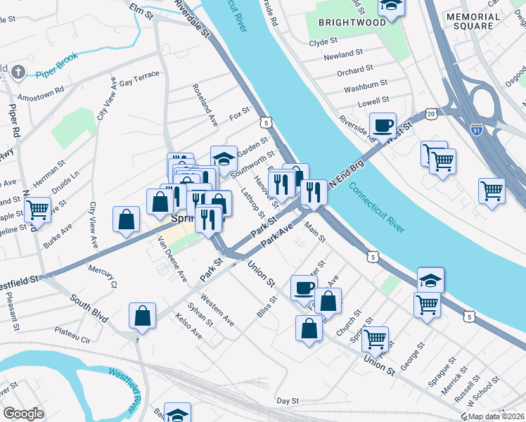 map of restaurants, bars, coffee shops, grocery stores, and more near 108 Park Street in West Springfield