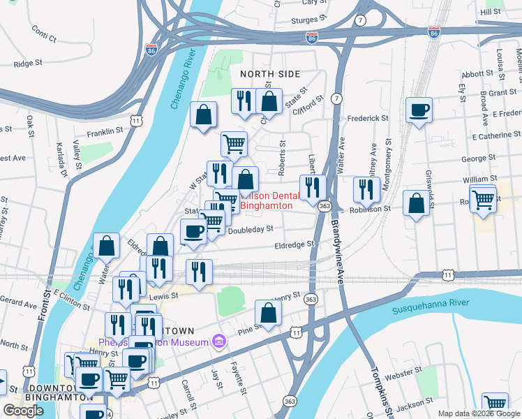 map of restaurants, bars, coffee shops, grocery stores, and more near 31 Doubleday Street in Binghamton