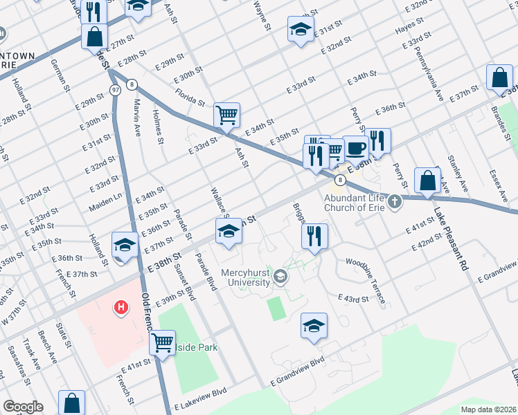 map of restaurants, bars, coffee shops, grocery stores, and more near in Erie