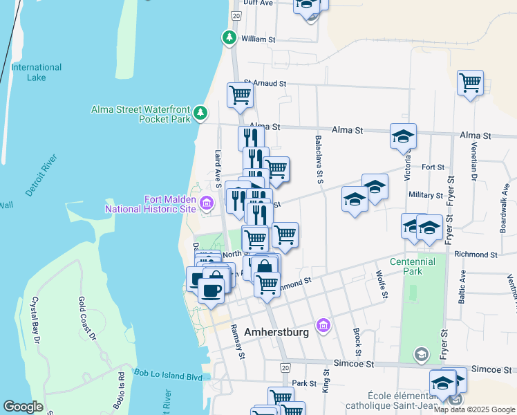 map of restaurants, bars, coffee shops, grocery stores, and more near 130 Essex County Road 20 in Amherstburg