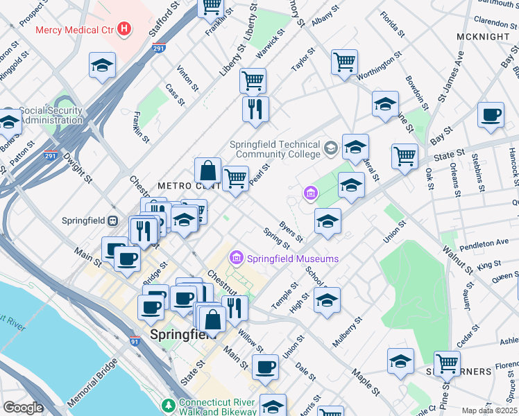 map of restaurants, bars, coffee shops, grocery stores, and more near 96 Byers Street in Springfield