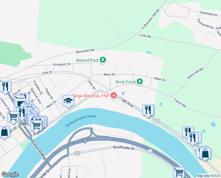 map of restaurants, bars, coffee shops, grocery stores, and more near East Front Street & Fulton Street in Owego