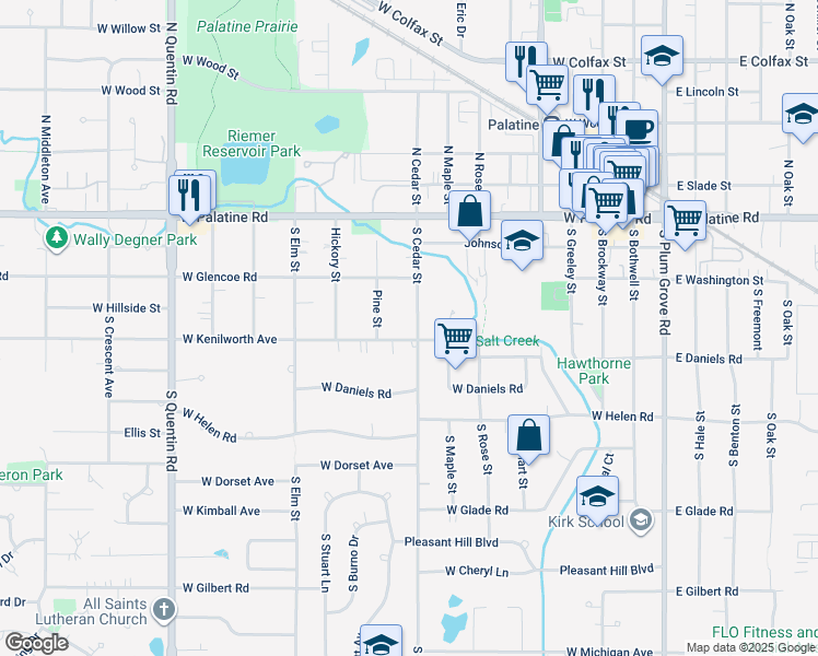 map of restaurants, bars, coffee shops, grocery stores, and more near 148 South Cedar Street in Palatine