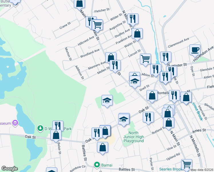 map of restaurants, bars, coffee shops, grocery stores, and more near 26 Homestead Street in Brockton