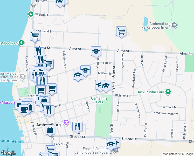 map of restaurants, bars, coffee shops, grocery stores, and more near Victoria Street South in Amherstburg