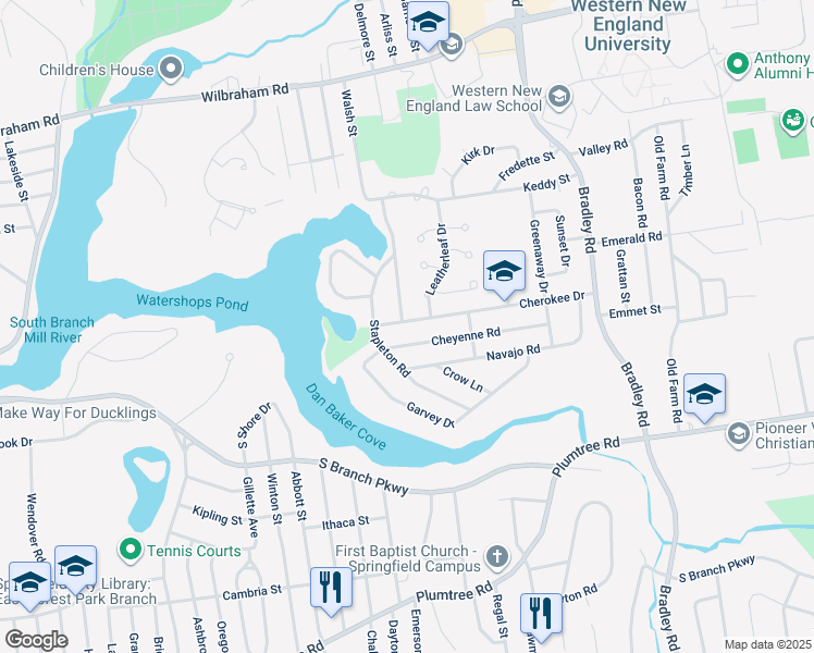 map of restaurants, bars, coffee shops, grocery stores, and more near 43 Cheyenne Road in Springfield