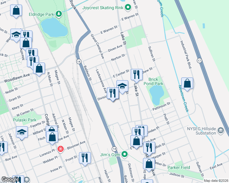 map of restaurants, bars, coffee shops, grocery stores, and more near 1201-1203 Grand Central Avenue in Elmira