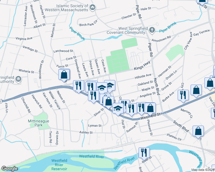 map of restaurants, bars, coffee shops, grocery stores, and more near 87 Pine Street in West Springfield