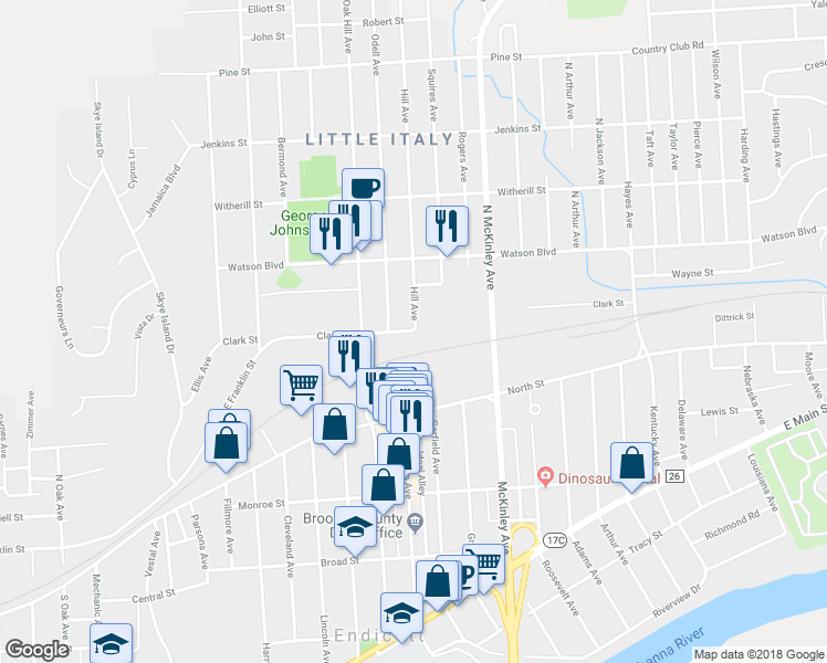 map of restaurants, bars, coffee shops, grocery stores, and more near 2 Hill Avenue in Endicott