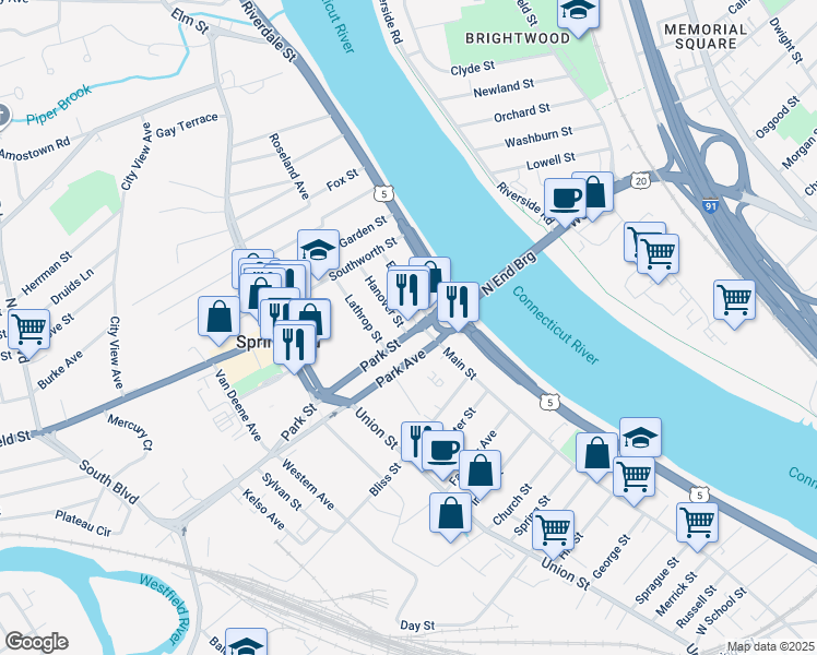 map of restaurants, bars, coffee shops, grocery stores, and more near 56 Park Street in West Springfield