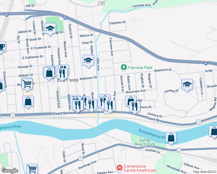 map of restaurants, bars, coffee shops, grocery stores, and more near 26 Milford Street in Binghamton