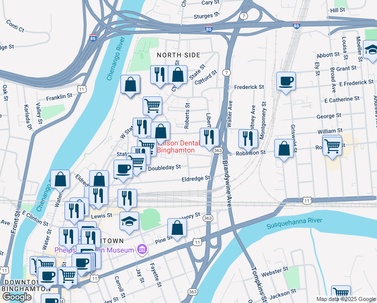 map of restaurants, bars, coffee shops, grocery stores, and more near 12 Emmett Street in Binghamton