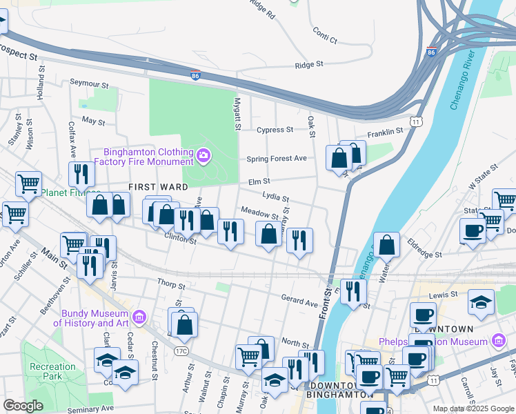 map of restaurants, bars, coffee shops, grocery stores, and more near 23 Meadow Street in Binghamton