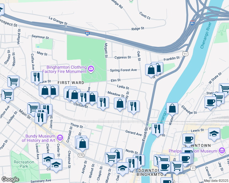 map of restaurants, bars, coffee shops, grocery stores, and more near 23 Meadow Street in Binghamton