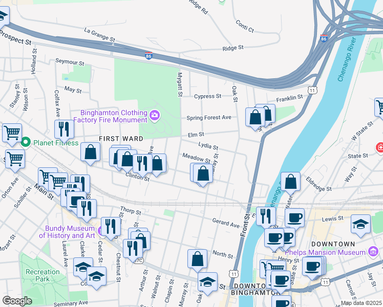 map of restaurants, bars, coffee shops, grocery stores, and more near 23 Meadow Street in Binghamton