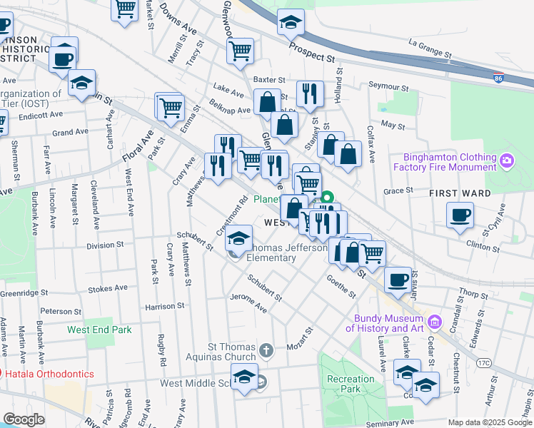 map of restaurants, bars, coffee shops, grocery stores, and more near 38 Grand Boulevard in Binghamton