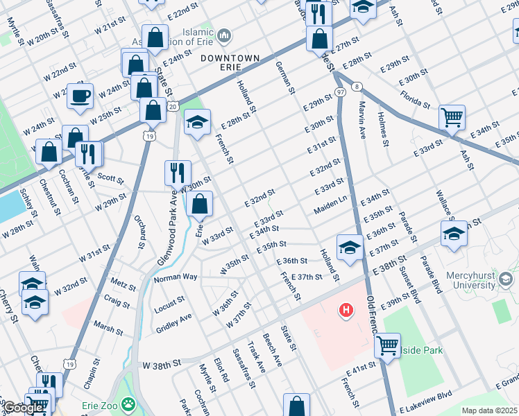 map of restaurants, bars, coffee shops, grocery stores, and more near 3228 French Street in Erie