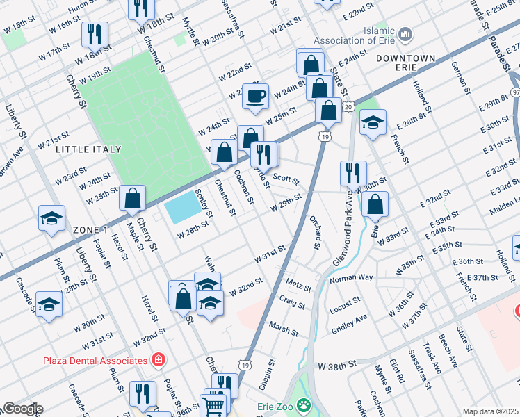 map of restaurants, bars, coffee shops, grocery stores, and more near 2907 Cochran Street in Erie