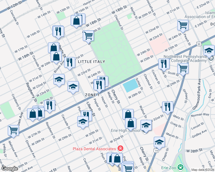 map of restaurants, bars, coffee shops, grocery stores, and more near 633 West 26th Street in Erie