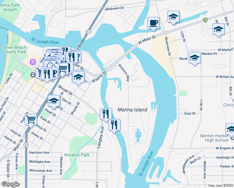 map of restaurants, bars, coffee shops, grocery stores, and more near 220 Anchors Way in St. Joseph