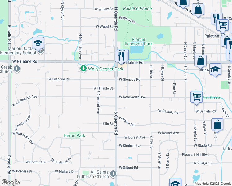 map of restaurants, bars, coffee shops, grocery stores, and more near 210 South Quentin Road in Palatine
