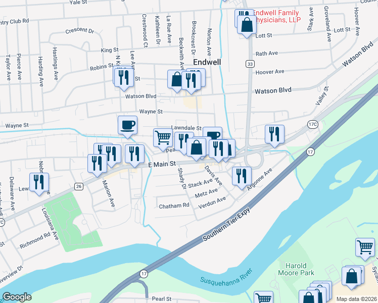 map of restaurants, bars, coffee shops, grocery stores, and more near 3200 East Main Street in Endwell