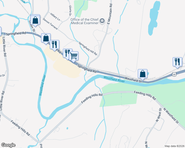 map of restaurants, bars, coffee shops, grocery stores, and more near 189 Springfield Road in Westfield