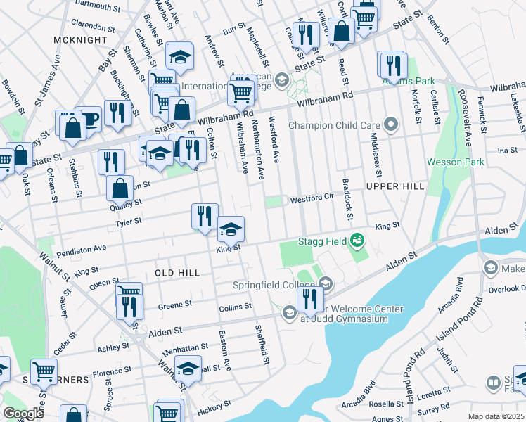 map of restaurants, bars, coffee shops, grocery stores, and more near 162 Northampton Avenue in Springfield
