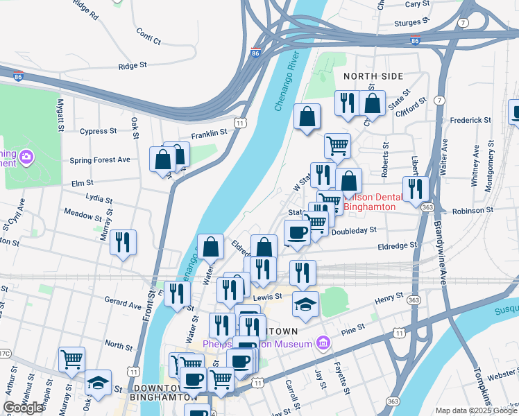 map of restaurants, bars, coffee shops, grocery stores, and more near 375 State Street in Binghamton