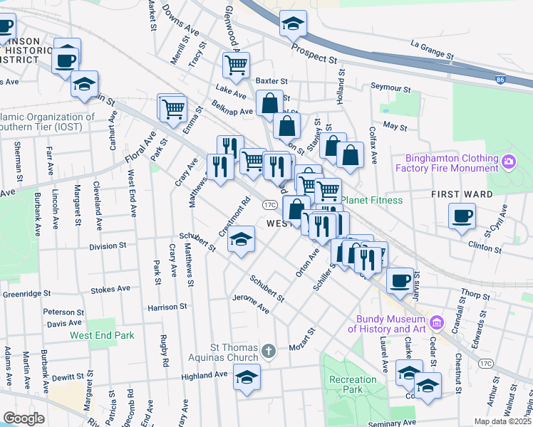 map of restaurants, bars, coffee shops, grocery stores, and more near 257 Main Street in Binghamton