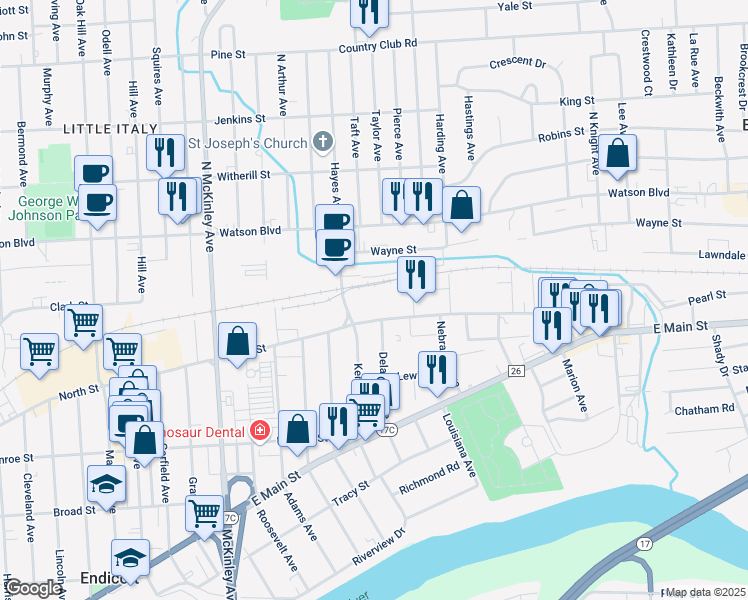 map of restaurants, bars, coffee shops, grocery stores, and more near 2 Hayes Avenue in Endicott