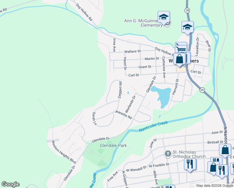 map of restaurants, bars, coffee shops, grocery stores, and more near 935 Zeggert Road in Endicott