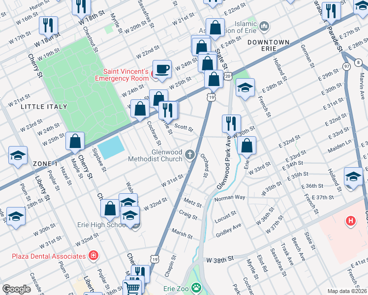 map of restaurants, bars, coffee shops, grocery stores, and more near 10 Summit Street in Erie