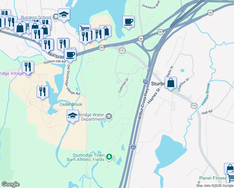 map of restaurants, bars, coffee shops, grocery stores, and more near 94 Colonial Drive in Sturbridge