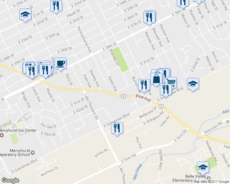 map of restaurants, bars, coffee shops, grocery stores, and more near 4217 Pine Avenue in Erie