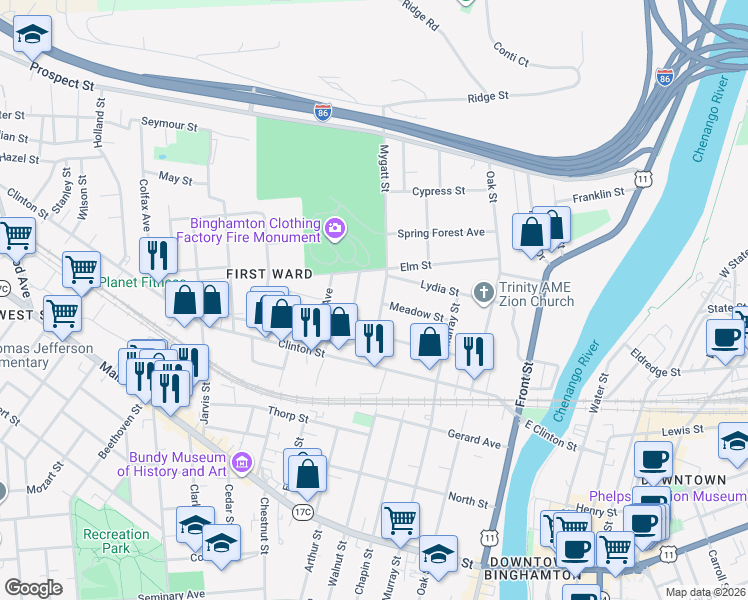 map of restaurants, bars, coffee shops, grocery stores, and more near 59 Elm Street in Binghamton