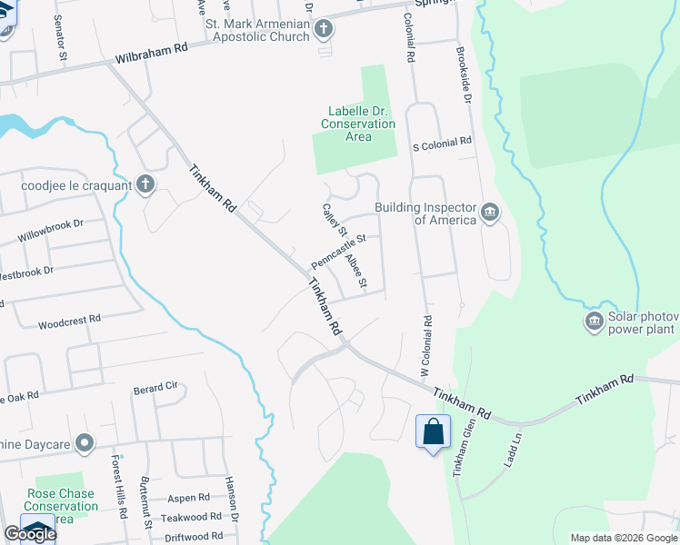 map of restaurants, bars, coffee shops, grocery stores, and more near 50 Penncastle Street in Springfield
