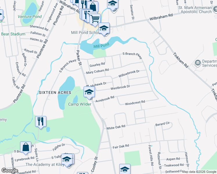 map of restaurants, bars, coffee shops, grocery stores, and more near 82 Mohawk Drive in Springfield