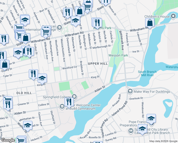 map of restaurants, bars, coffee shops, grocery stores, and more near 129 Westford Circle in Springfield