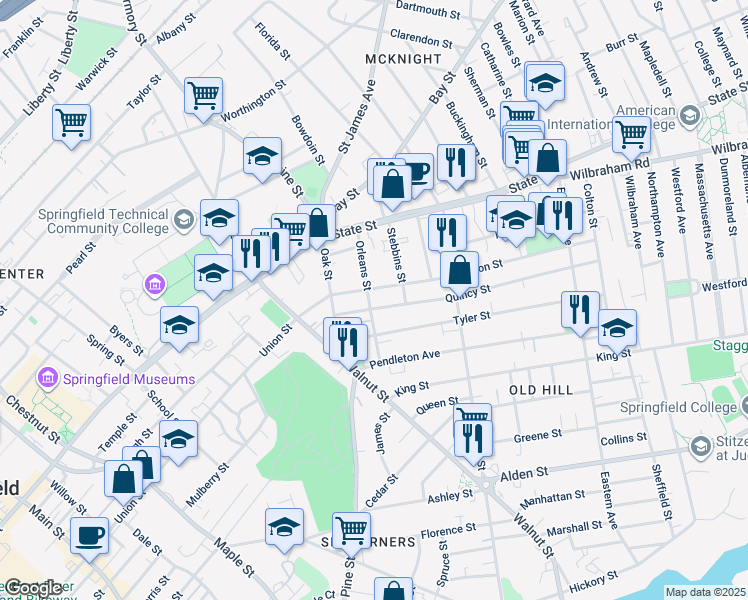 map of restaurants, bars, coffee shops, grocery stores, and more near 540-542 Union Street in Springfield