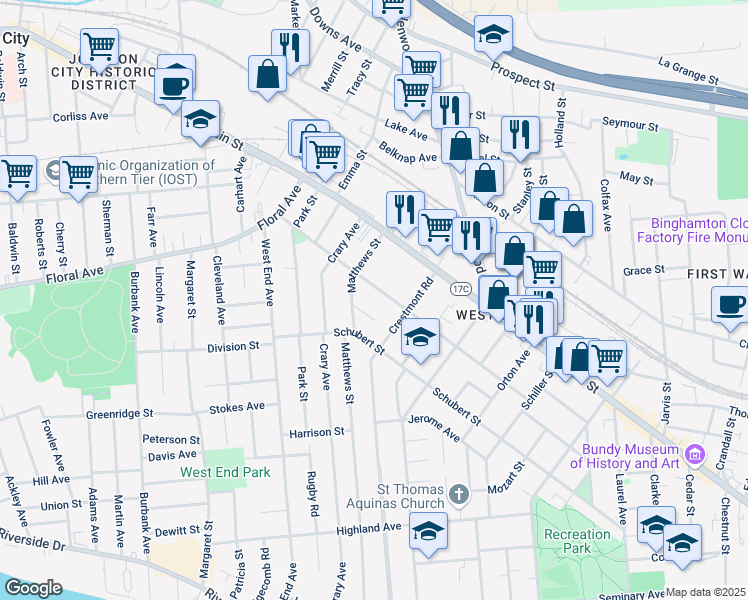 map of restaurants, bars, coffee shops, grocery stores, and more near 72 Grand Boulevard in Binghamton