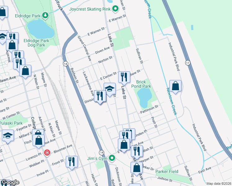 map of restaurants, bars, coffee shops, grocery stores, and more near 1201 Lake Street in Elmira