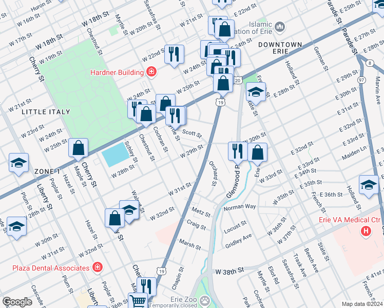 map of restaurants, bars, coffee shops, grocery stores, and more near 10 Summit Street in Erie