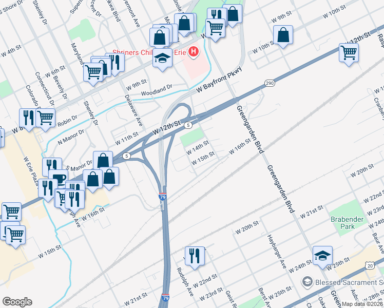 map of restaurants, bars, coffee shops, grocery stores, and more near 1724 West 14th Street in Erie